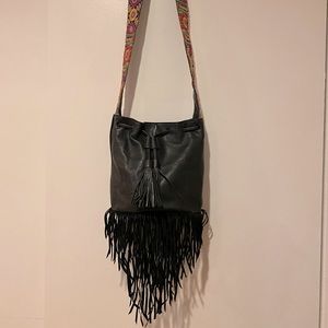 Sam Edelman Black Bucket Bag w/ Fringe and Embroidered Strap
